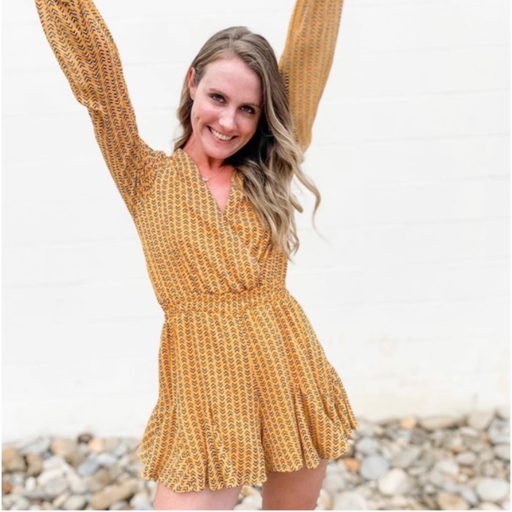 BLUE RAIN  Yellow Print Wrap Front Long Sleeve Romper NWOT